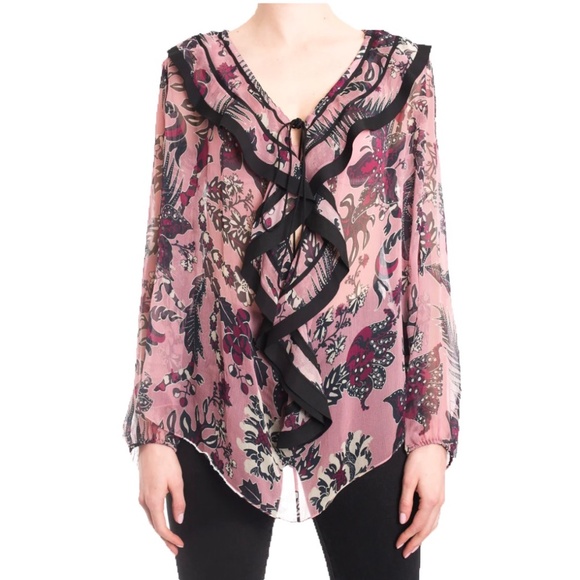 CHLOE Ruffled Cactus-Print Silk Blouse, Pink/Burgandy - Picture 2 of 12